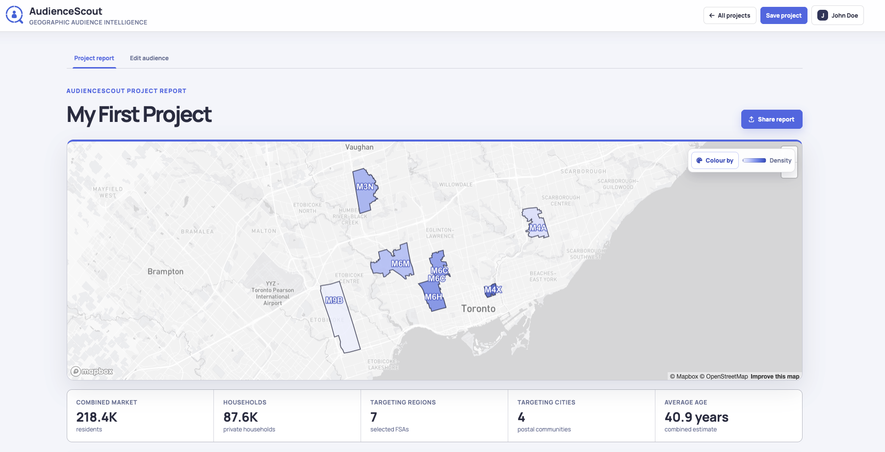 AudienceScout project report showing selected FSA regions and combined market measures.